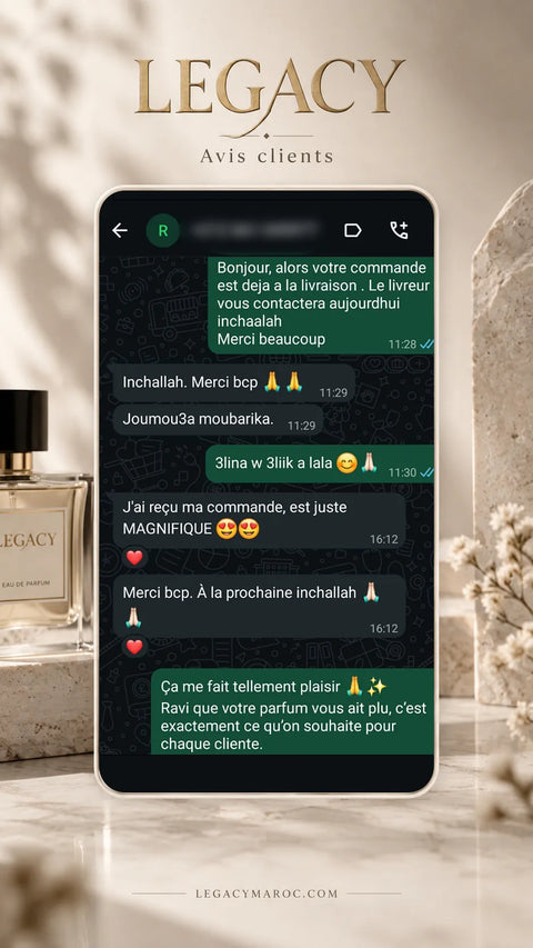 Avis client Legacy Maroc 3 — capture d’une conversation WhatsApp