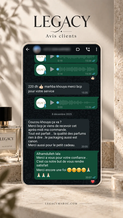 Avis client Legacy Maroc 4 — capture d’une conversation WhatsApp