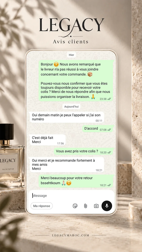 Avis client Legacy Maroc 5 — capture d’une conversation WhatsApp