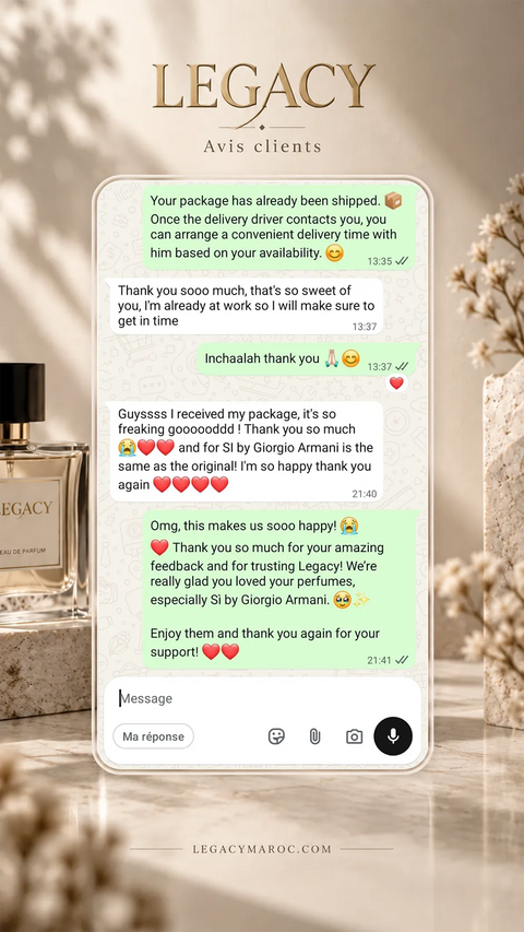 Avis client Legacy Maroc 6 — capture d’une conversation WhatsApp