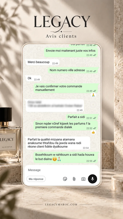 Avis client Legacy Maroc 7 — capture d’une conversation WhatsApp