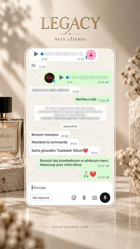 Avis client Legacy Maroc 8 — capture d’une conversation WhatsApp