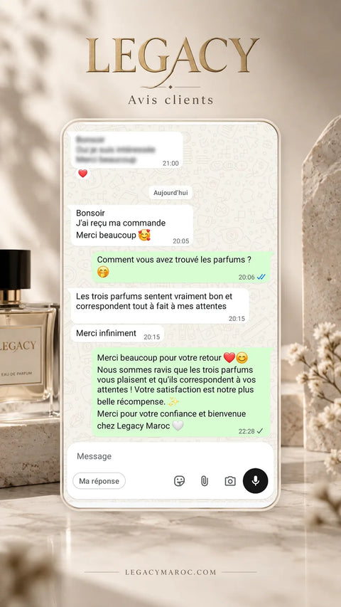 Avis client Legacy Maroc 9 — capture d’une conversation WhatsApp